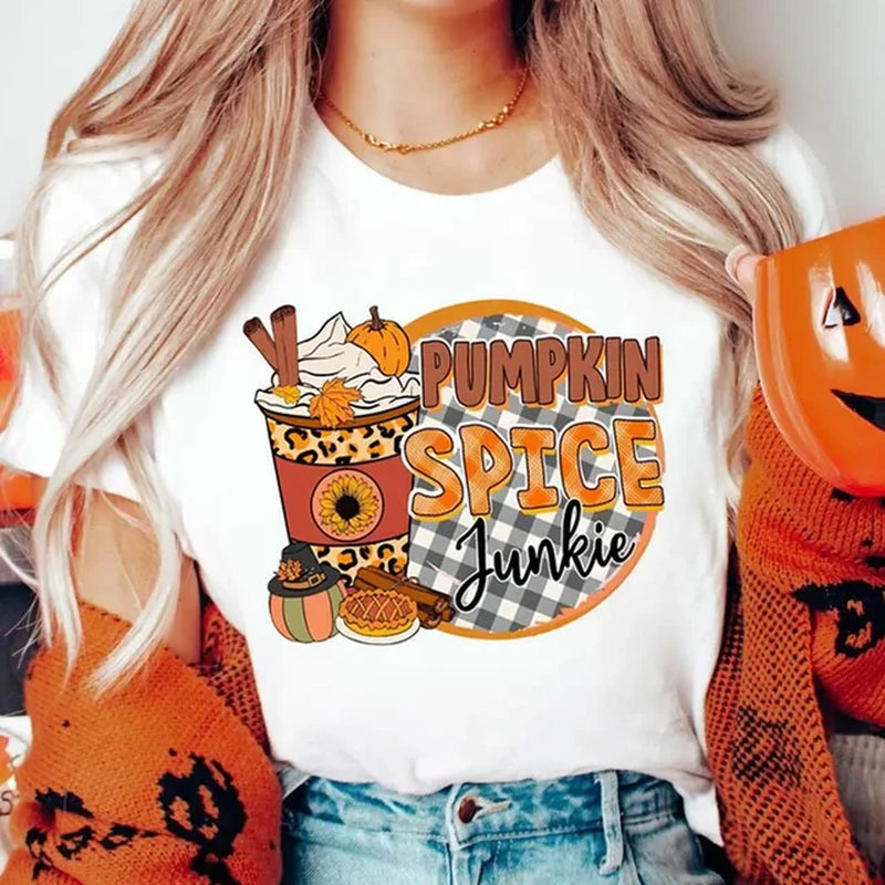 Halloween Cartoon T-Shirt Vintage Pumpkin Spice Pattern Women'S Fashion Basic Short Sleeved Top Casual O-Neck Printed T-Shirt