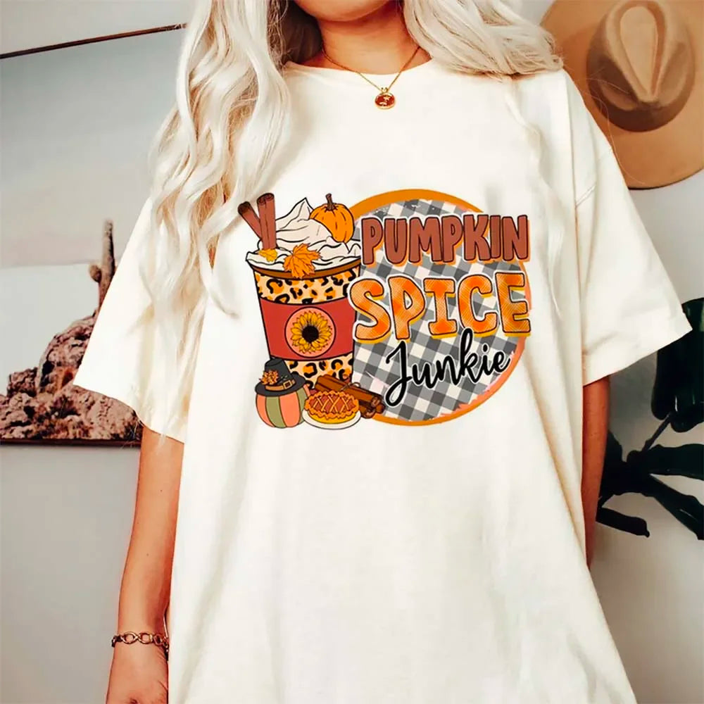 Halloween Cartoon T-Shirt Vintage Pumpkin Spice Pattern Women'S Fashion Basic Short Sleeved Top Casual O-Neck Printed T-Shirt