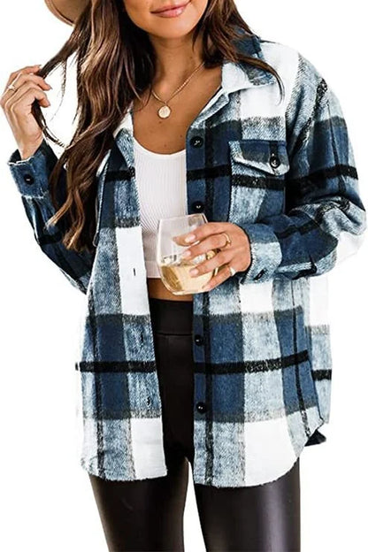 Women Flannel Casual Plaid Button down Long Sleeve Woolen Shirt Vintage Elegant Fashion Jacket Coat Fashion Woman Blouse