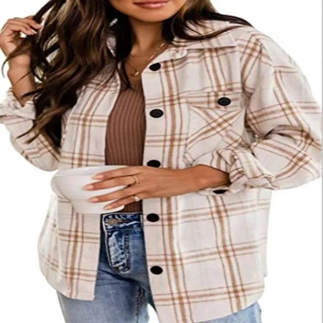 Women Flannel Casual Plaid Button down Long Sleeve Woolen Shirt Vintage Elegant Fashion Jacket Coat Fashion Woman Blouse