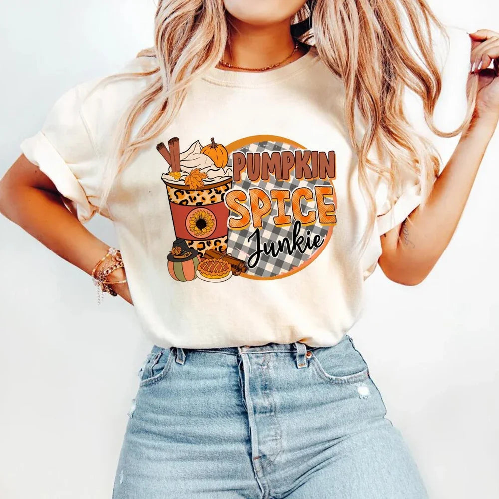 Halloween Cartoon T-Shirt Vintage Pumpkin Spice Pattern Women'S Fashion Basic Short Sleeved Top Casual O-Neck Printed T-Shirt